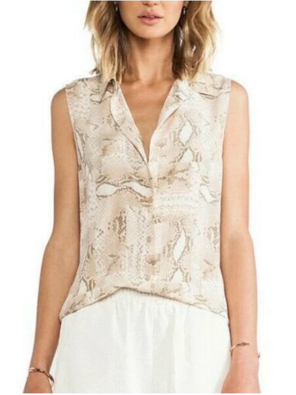 Equipment Femme Sheer Beige Sleeveless Snake-Print Blouse Size Small